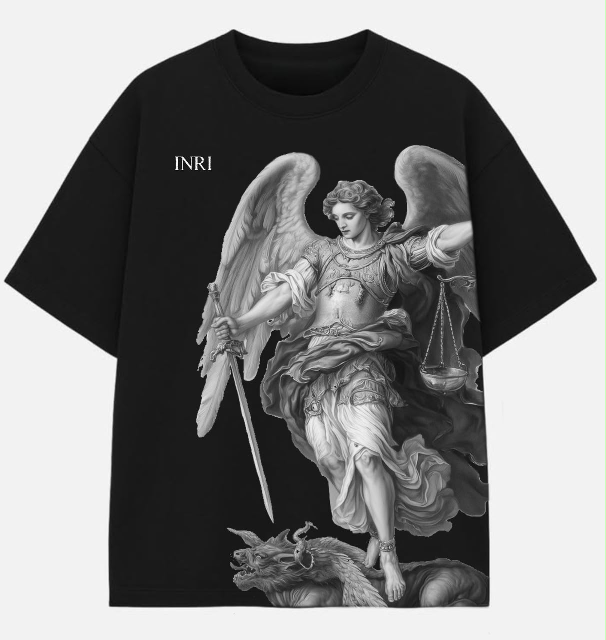 Camisa QUIS UT DEUS dibujada a mano, San Miguel Arcángel sobre algodón negro